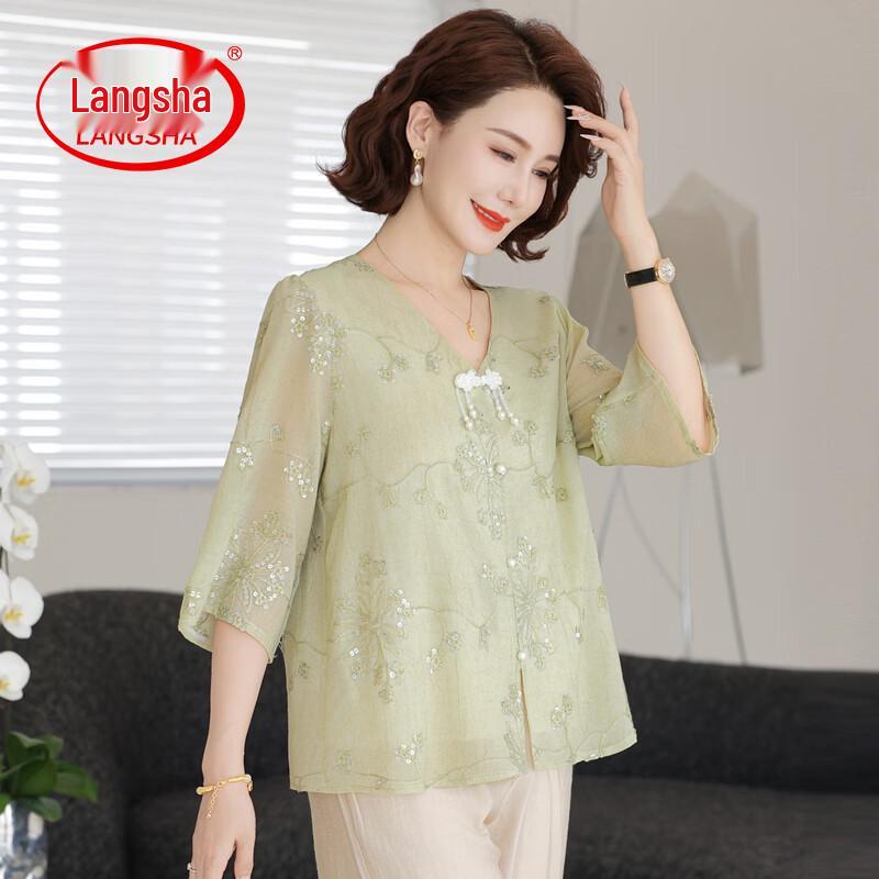 LangSha New Chinese Style Embroidered Summer Top for Middle-Aged Women 2XL