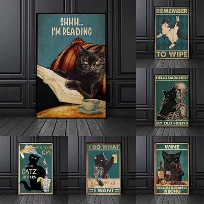 New Retro Art Animal Canvas Painting Office Wall Art Funny Cartoon Black Cat Poster Living Room Corridor Home Decoration Mural No Frame
