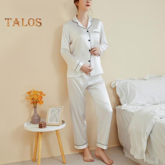 2-teiliges Pyjama-Set aus Satin, einreihig, Strickjacke, V-Ausschnitt, Reverskragen, einfarbiges Hemd, weite Hose, lockere Hose, Nachtwäsche