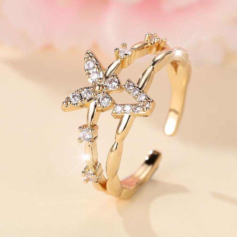 Double Layer Zircon Butterfly 26 Letters Open Rings for Women Gold Color Adjustable Ring Finger Jewelry Wedding Gift