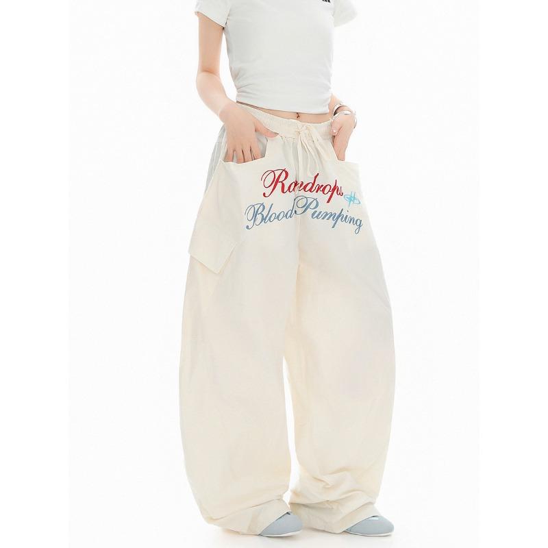Vintage Embroidered Pleated Tooling Paratrooper Pants Female Hottie Loose Sports Casual Scimitar Pants Hip-hop Wide-leg Pants