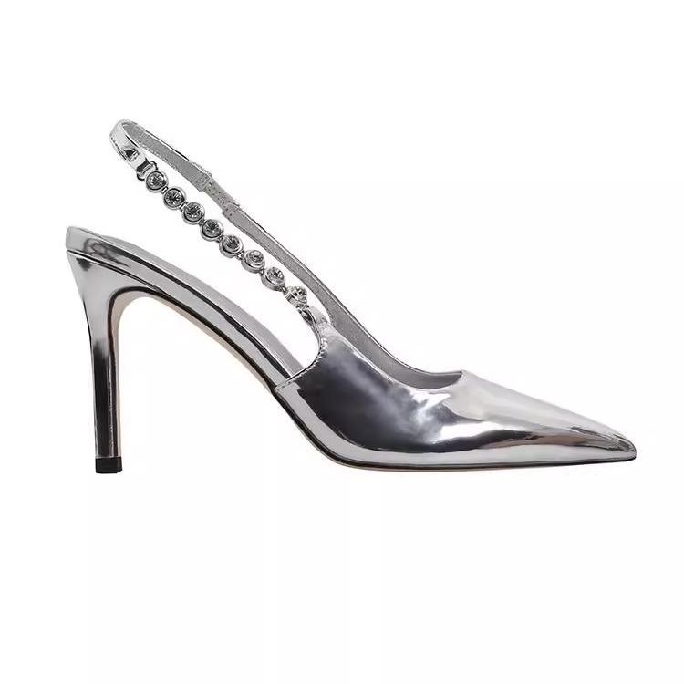 New pointed head shallow mouth rhinestone patent leather silver high heels women's fine heel versatile professional word with bag head sandals summer