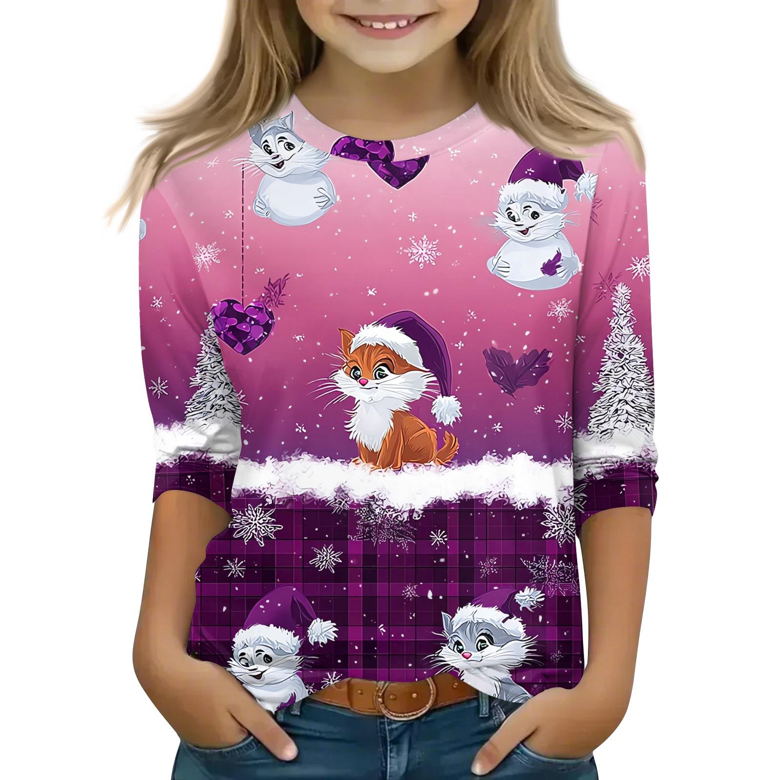 

Christmas Children s 3/4 Sleeve Tops Casual Printed Daily T Shirt Round Neck Pullover Blouse 110 фіолетовий