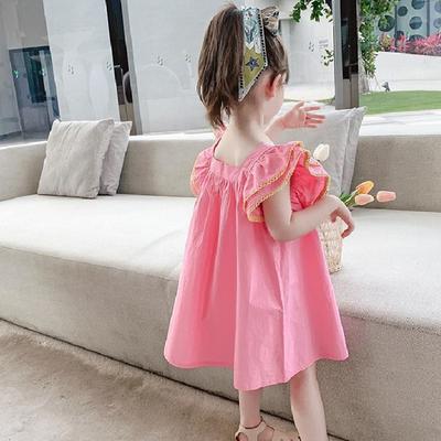 Summer Kids Toddler Girls Sweet Dress Petal Tiered Sleeve Seaside Beach Dresses Holiday Party A Line Dress Children Cute Pleated Dress 3-8T