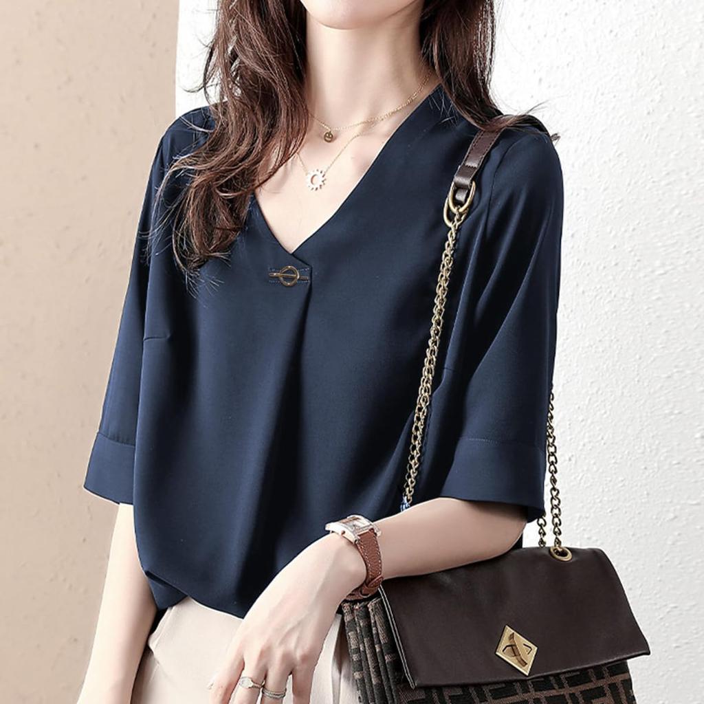 short for summer [Yino] Shirts, blouses, women's, sleeves, tops, V-neck, decorative, tucks, body-concealing, slimming, loose, plain, simple,
