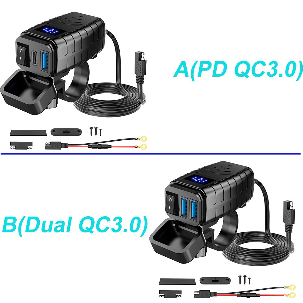 Motorcycle 48W Mobile Phone Quick Charger Waterproof and Dustproof  Intelligent Fast Charging Voltage Display ON/Off