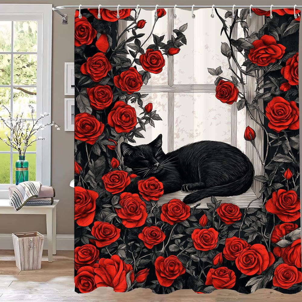 Moderner Duschvorhang mit roten Rosen und schwarzer Katze, Dekorativer Badezimmer-Vorhang aus Polyester mit Blumendruck, Heimvorhang mit Haken