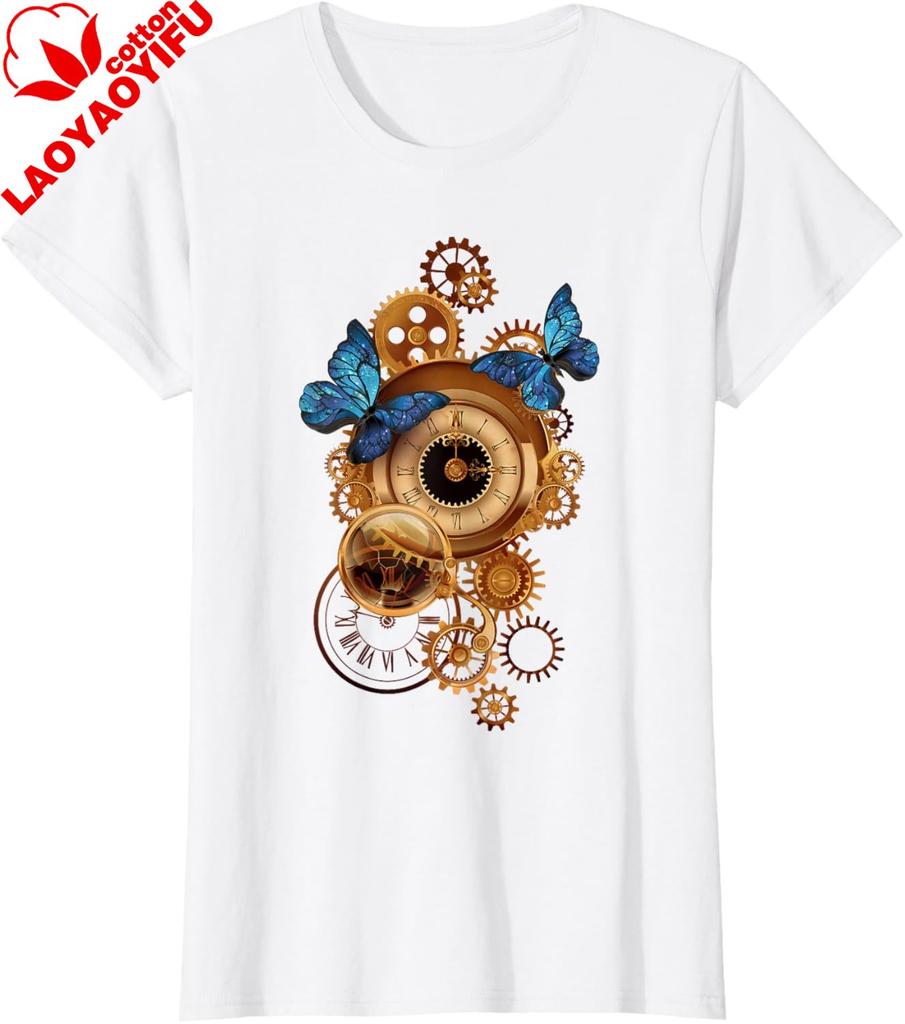 Steampunk Clock Gear and Butterflies Vintage Retro Aesthetic TShirt Unisexs Casual Funny Plus Size Printed Tee Womens Clothing