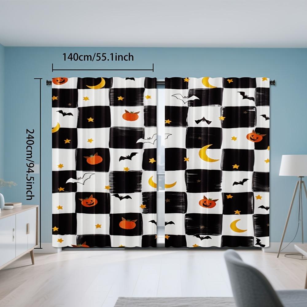 2pcs Halloween Curtains - & Checkered with Pumpkins   Bats   Stars   Moon - Light Filtering Window Drapes for Living Room   Bedroom