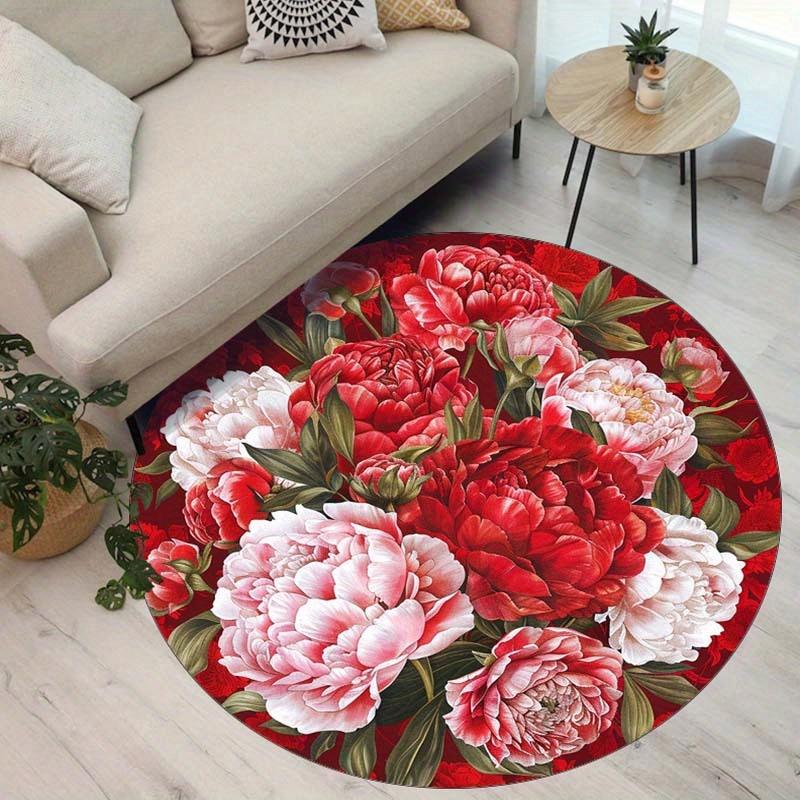 Vivid Red Peony Round Rug, Non-Slip Anti-Shedding Carpet for Living Room, Bedroom, Office Polyester Decor