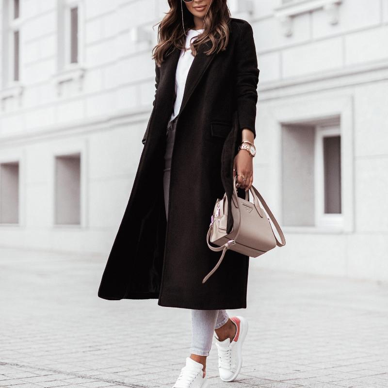 Women's Autumn and Winter Simple Long Sleeve V-Neck Tied Tweed Jacket