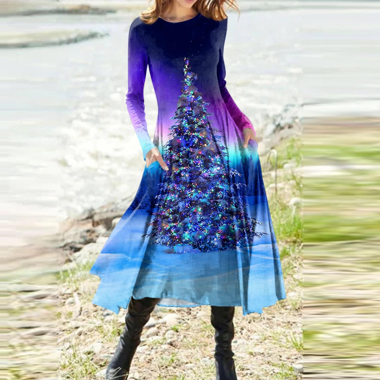 

Женская мода, повседневный рождественский пуловер с круглым вырезом и облегающим платьем с длинным рукавом XXXL синий