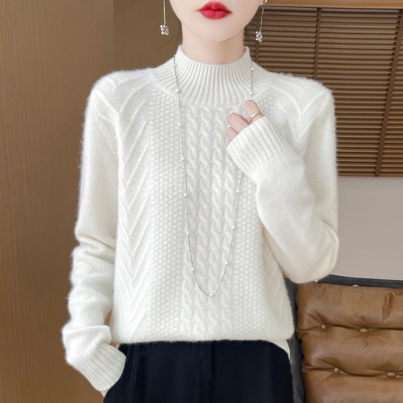 2025 Women's Wool Jacquard Pullover: Cozy Half-High Neck Sweater with Long Sleeves and Age-Reducing Design.