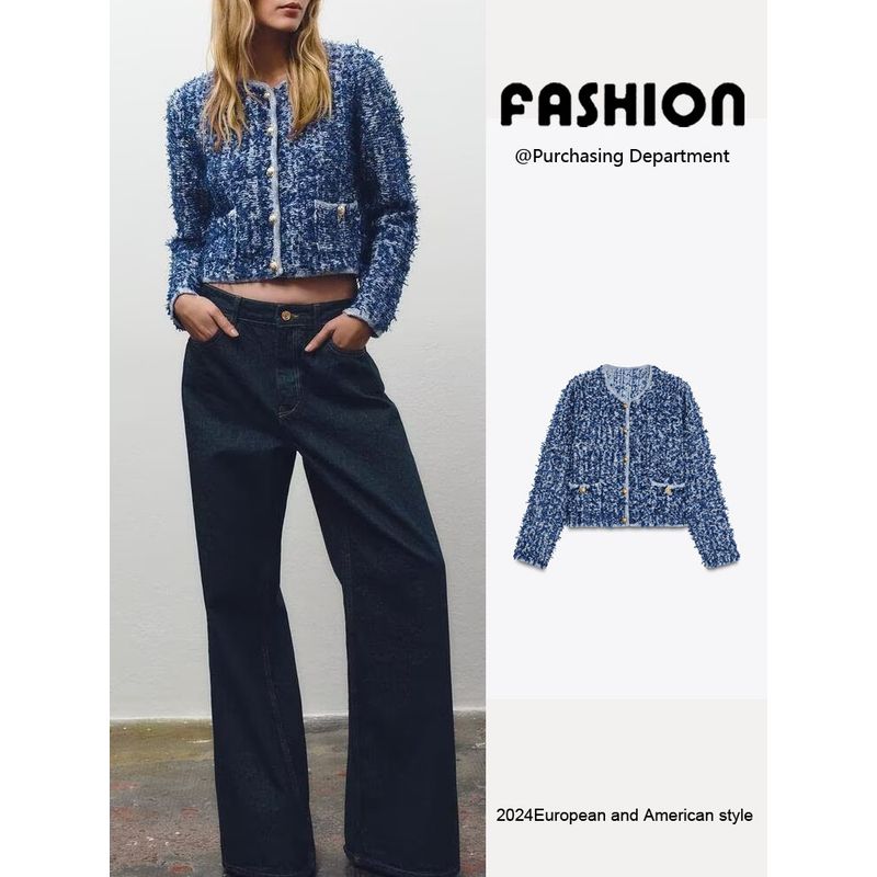 Za2025 Spring New Women Clothes Versatile Elegant Round Neck Long Sleeve Interwoven Knitted Short Coat 4192040 400