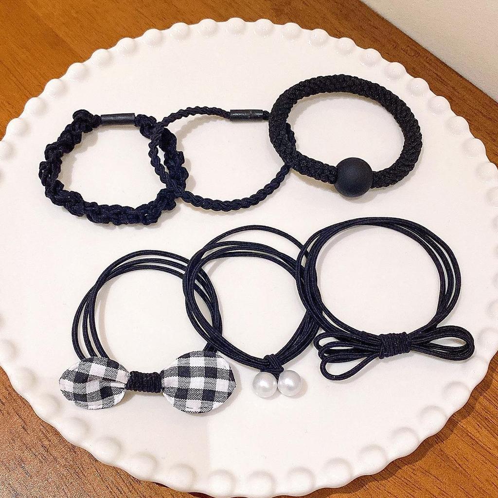 6PCS Ring Combination Mixed with Small Rubber Band Headband Cute Hairstring Women Set High Temperament Ponytail Hair Accessory