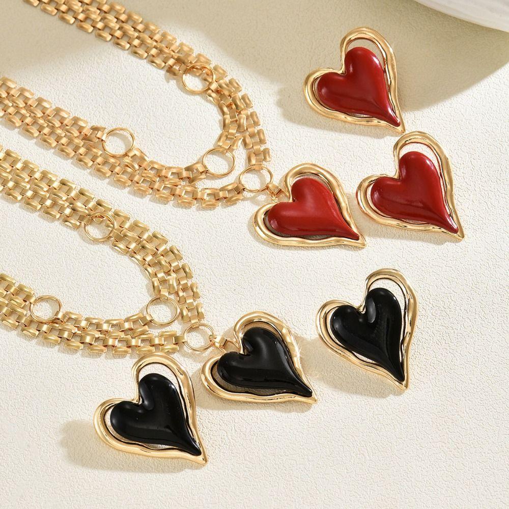 Chunky Chain Statement Necklace Gold Color Heart Pendant Necklace Earrings Jewelry Set  Casual Wear