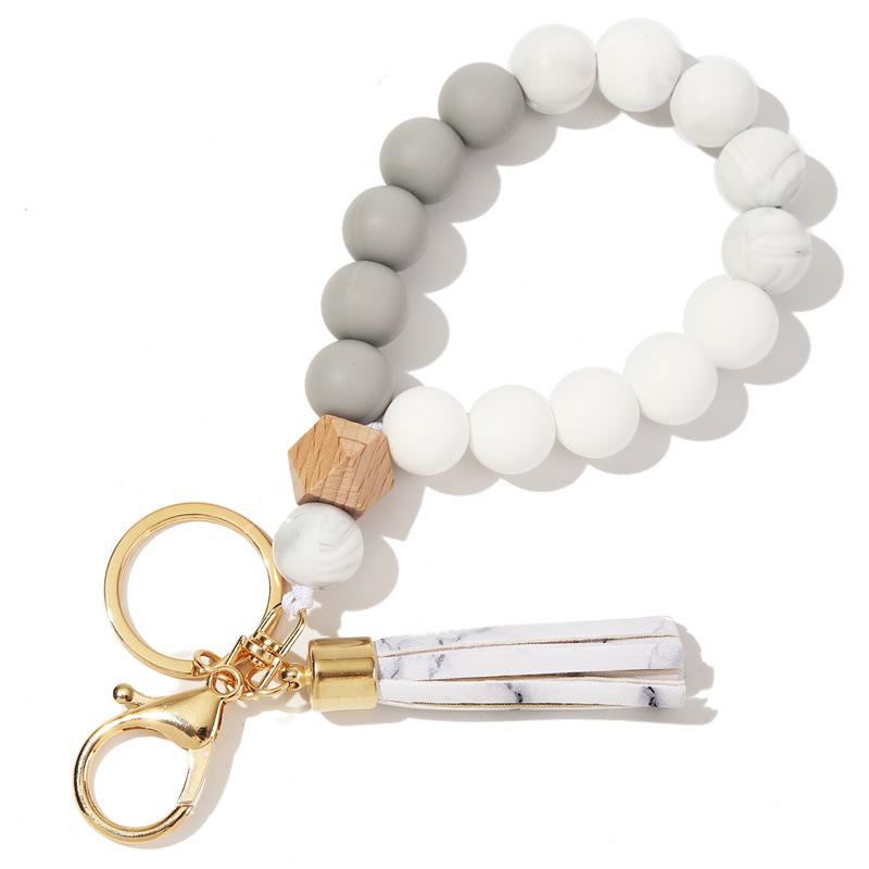 Silicone and Wooden Bead Keychain Bracelet with PU Tassel