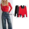 Spring New Women's Clothing Fashion Sexy Wind Silm Slim Looking Square Collar Long Sleeve Nylon Jumpsuit 5039386