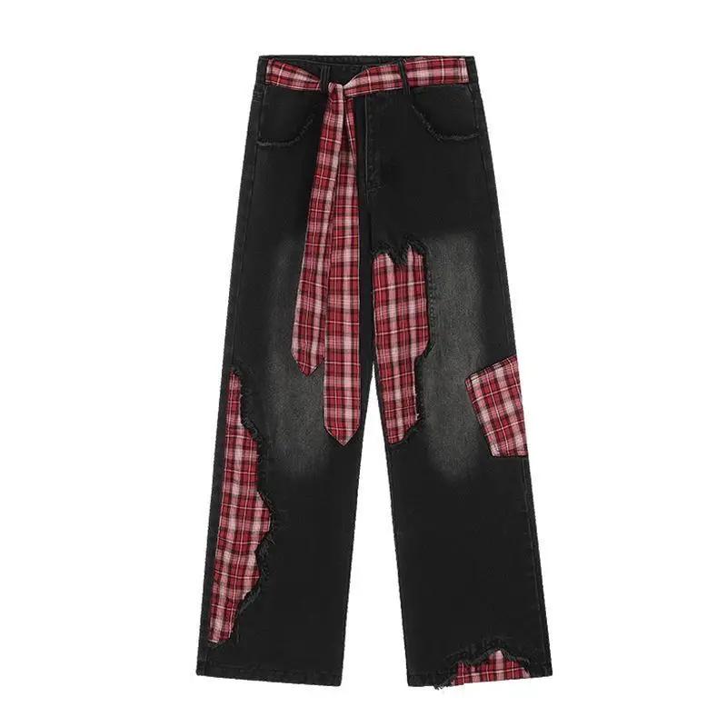 Women Retro Bow Tie Tied Jeans with Grid Splicing Harajuku Y2K Loose Casual Slimming Wide Leg Pants Jeans Woman