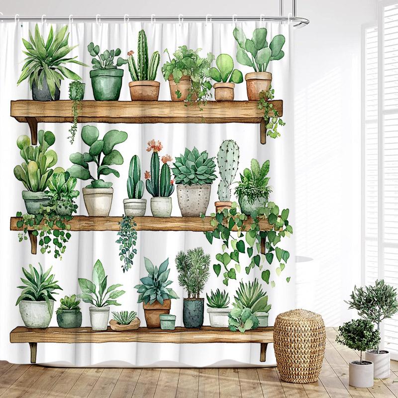 Green Plants Shower Curtain Tropical Plant Bonsai Rabbit Cactus Bath Curtains Polyester Fabric Home Bathroom Decor With Hooks