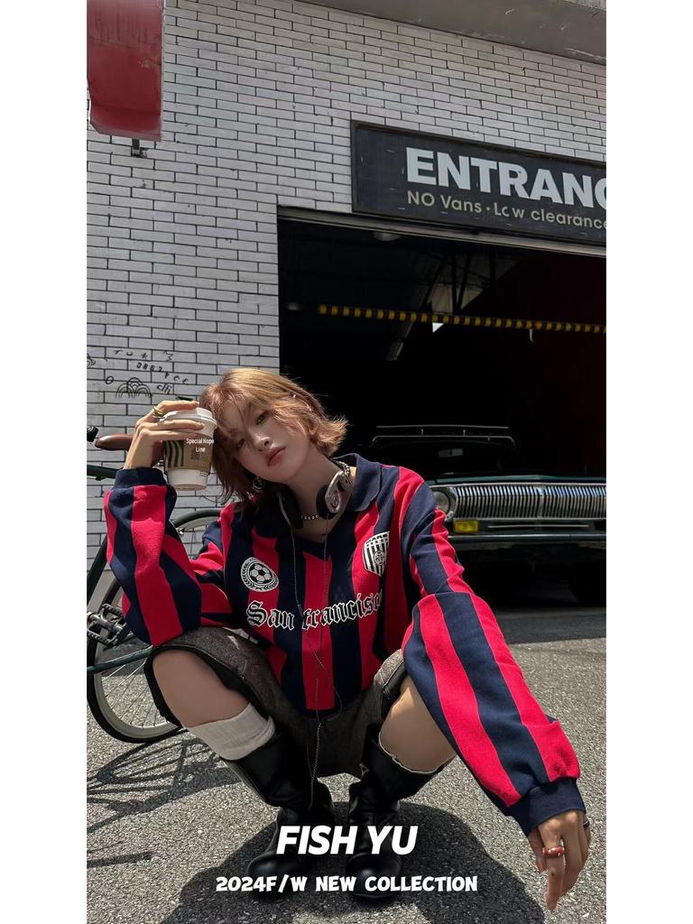 2025 Spring/Autumn Retro Jersey Vertical Stripe Letter Print Polo Collar Sweatshirt for Women