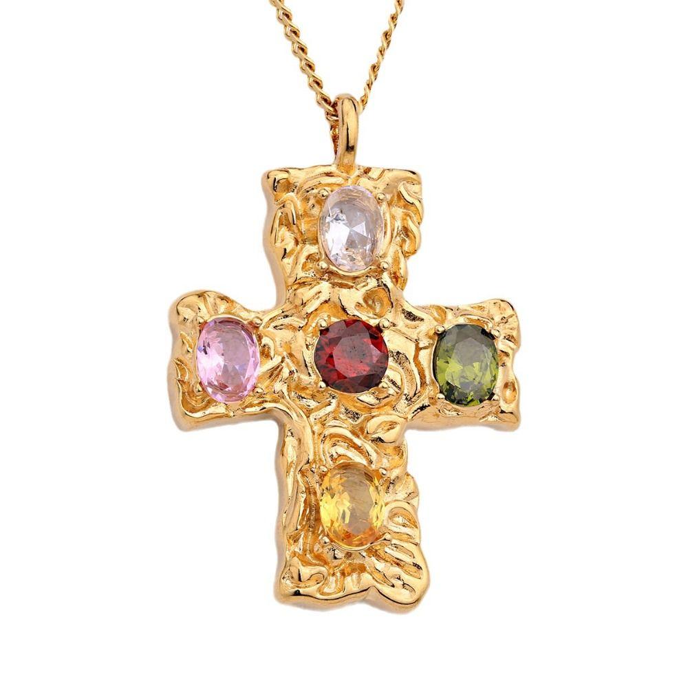 Colorful Crystal Zirconium Pendant Necklaces Hammered Necklace Fashion Cross Necklace  Women Men