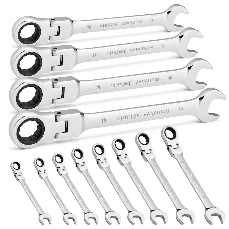 1PCS Flex-Head Ratcheting Combination Wrench Set,72-Teeth, Cr-V Constructed Metric 6-24mm for Hex Nuts Bolts Standoffs