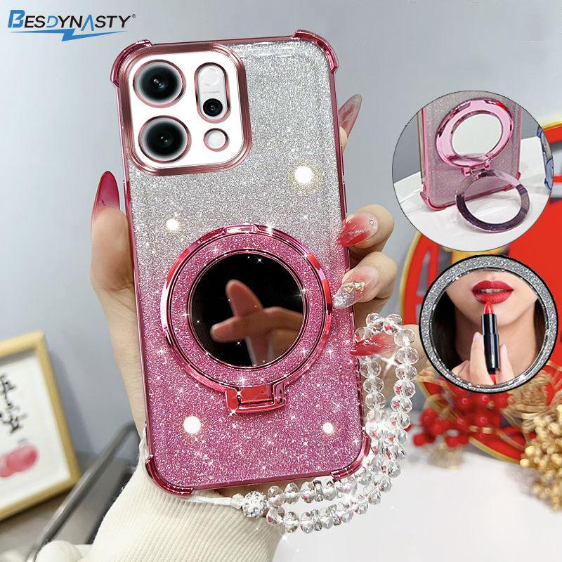 Glitter Four-Corner Shockproof Phone Case with Mirror Stand Beaded Strap For Oppo Reno14 F Pro Reno 14Pro 14F 5G Back Cover Case
