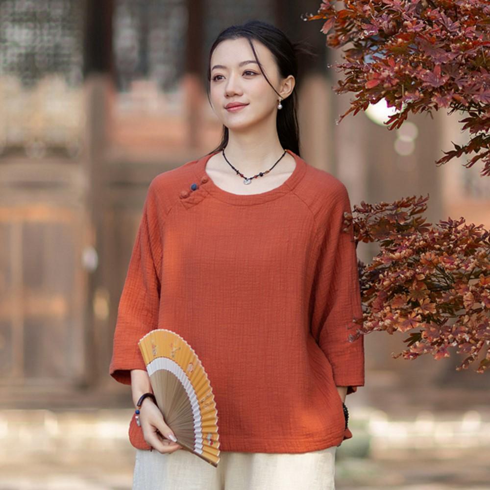 Johnature Women Vintage T-Shirts Spring Chinese Style Solid Color Soft O-Neck Seven Sleeve Female T-Shirts