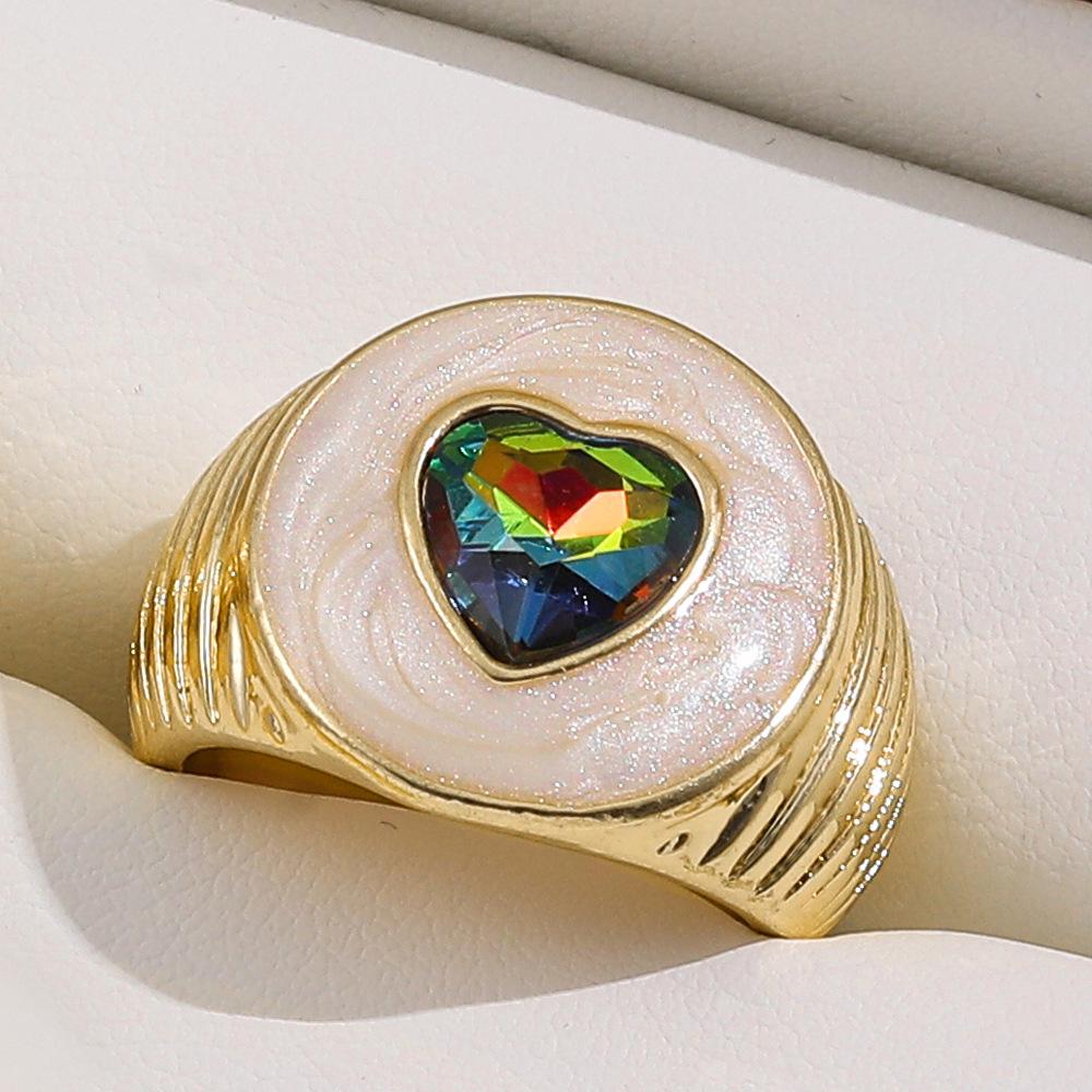 Color Diamond Drip Oil Peach Heart Crystal Ring Love Shaped Decorative Ring 18K Gold Hip Hop Stacked Joint Ring