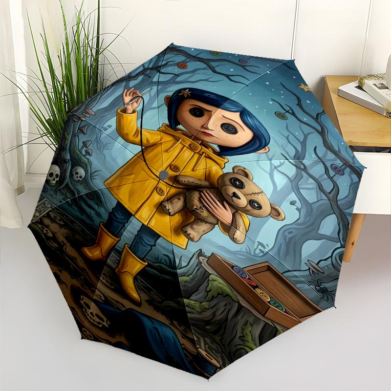 Coraline Print Automatic Umbrella, 8 Rib Iron Frame, Plastic Handle, Suitable for Outdoor Travel &Daily , Ideal Gift