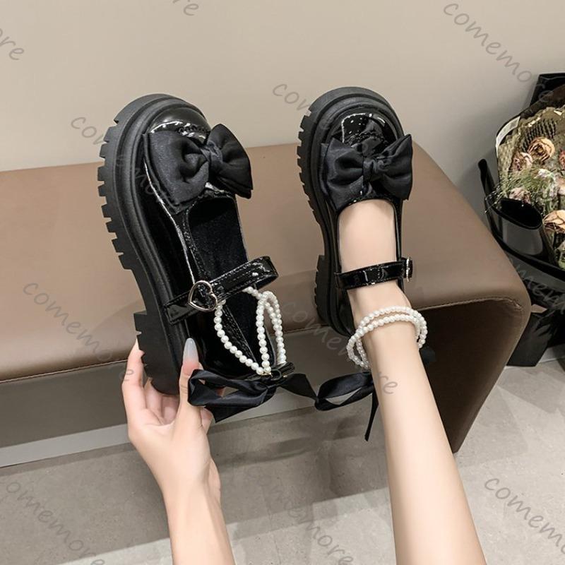 Fashion Comemore Women's Casual Shoes New Kawaii Pearl Chain Mary Jane Women's Shoes Fashion Versatile Lolita Loafers Outdoor Heel Pumps