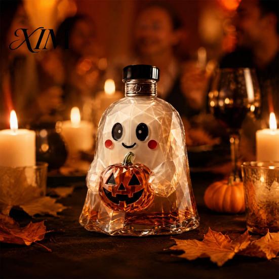 Creative Brandy Carafe Halloween Ghost Whiskey Decanter, Pumpkin And Cat Stopper Decor, High Shape Decanter Borosilicate Glass Wine Drinkware for Home