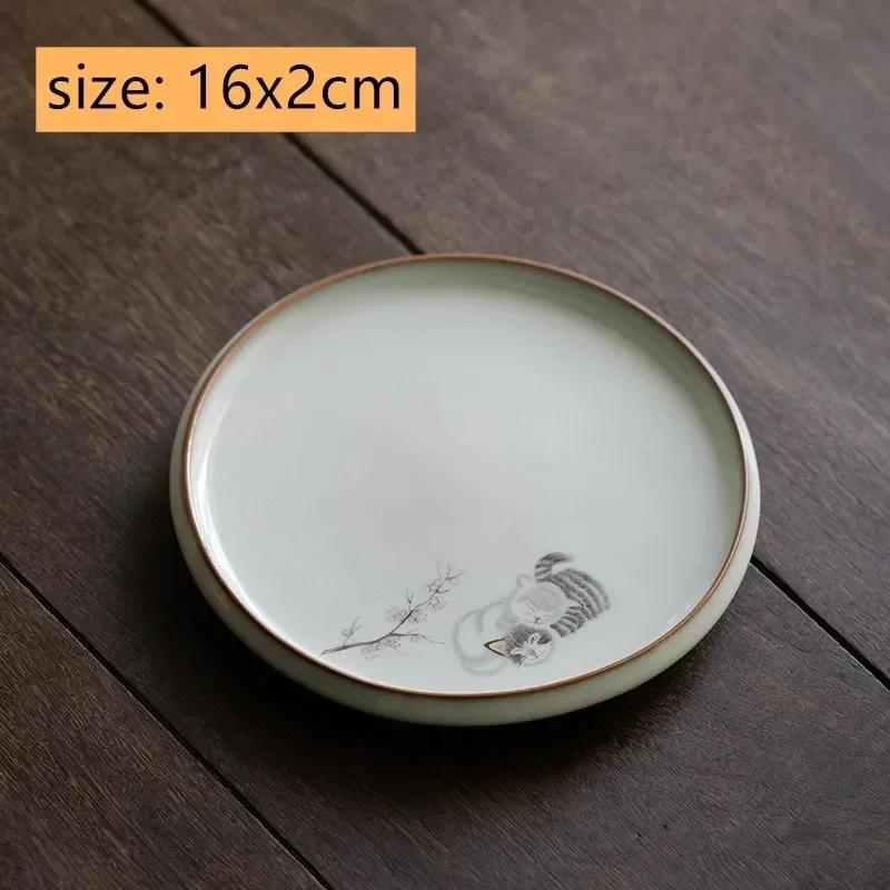 Chinese Ru Kiln Ceramic Tea Tray Teapot Teacup Mat Cute Cat Pot Bearing Round Gaiwan Tray Household Tea Set Decors Accessories