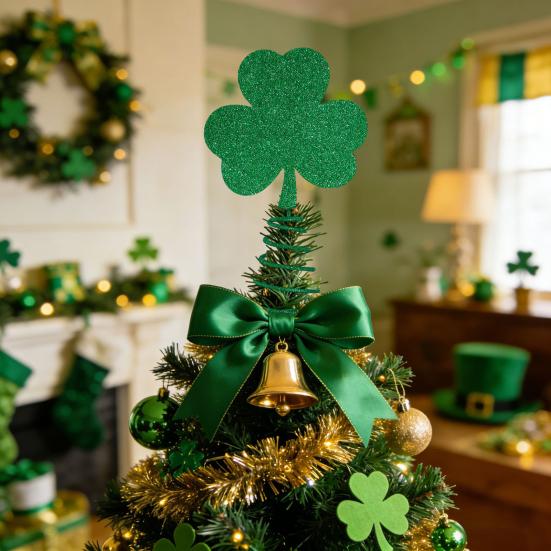 St. Topper de Árvore de Trevo de São Patrício com Base de Primavera Glitter Trevo Irlandês Miniatura Decoração de Topo de Árvore de Natal Ornamento para Festa de Feriado