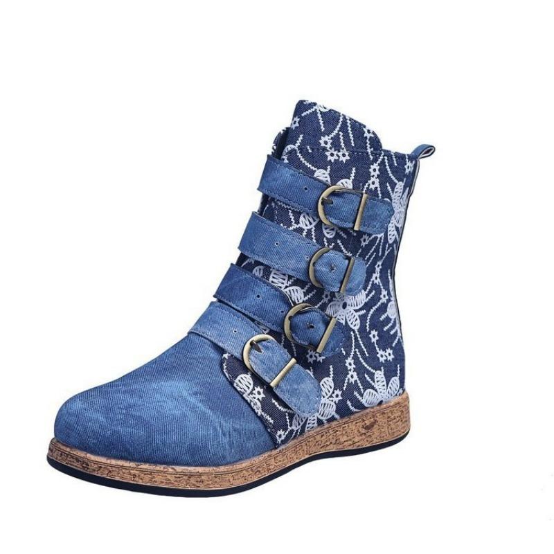 Large size printed metal buckle fashion boots autumn and winter new thick-soled round head going out women's boots