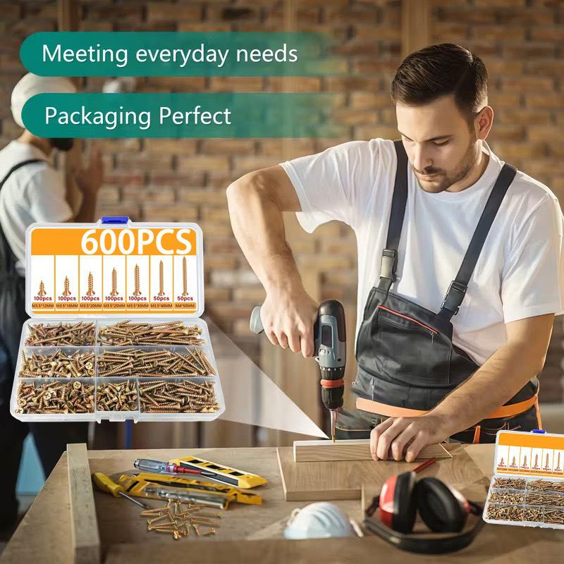 600pcs Color Zinc M3.5-4 Phillips Self-Tapping Wood Screws & Drywall Nails Set