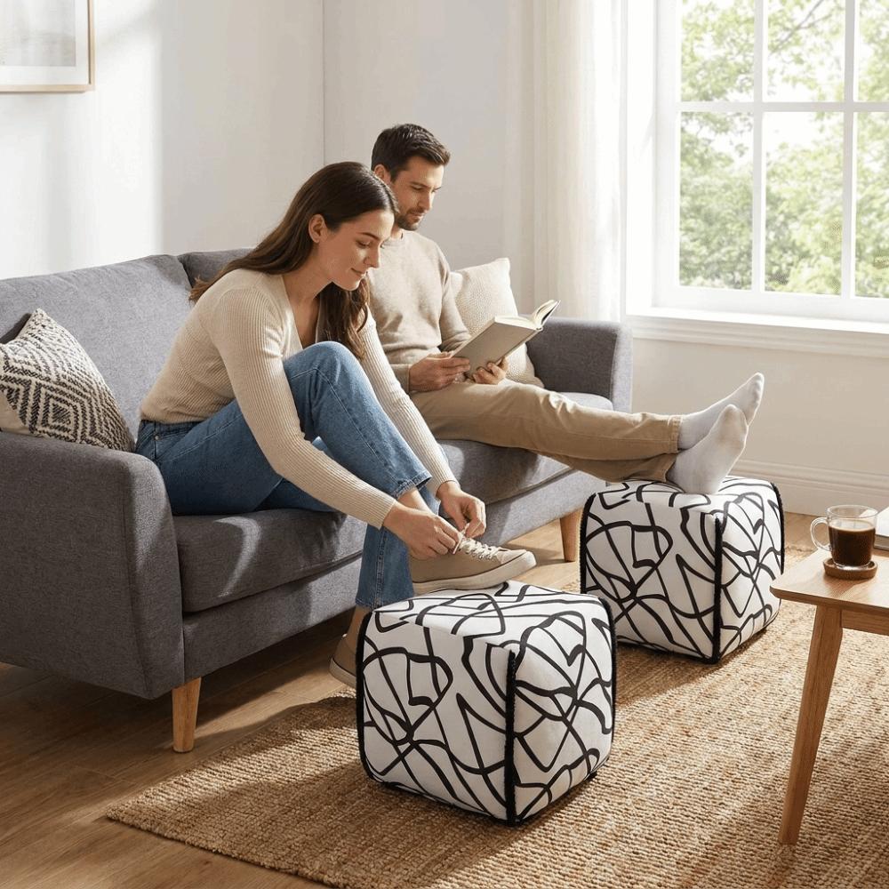 Soft Upholstered Ottoman Stool Linen Fabric Shoe Changing Stool Footrest Low Stool Household Use