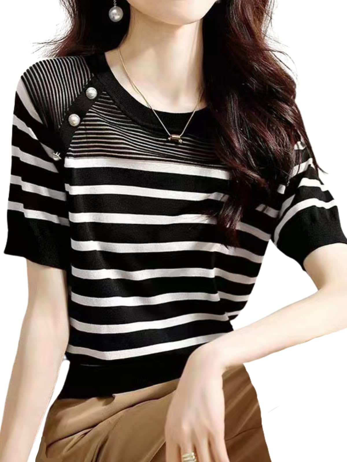 

One Ambu Sheer Knit Short Summer Size M Top, Sleeve, Striped, Beautiful, Women s Top, Thin, Sheer, See-Through, Two-Tone, Black, чёрный