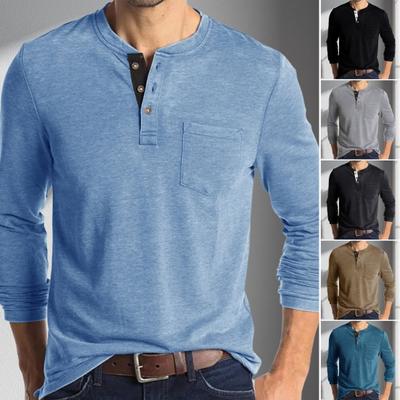 Men Spring Top with Chest Pocket Buttoned O Neck Slim Fit Long Sleeve Bottoming Clothes Solid Color Stretchy Pullover T-shirt