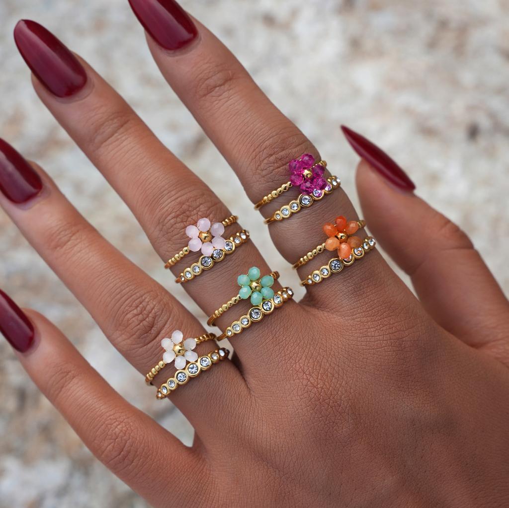 Exquisite Colorful Zircon Flower Design Stainless Steel Rings Gold Plated Waterproof Jewelry For Daily Wear Vacation Seaside