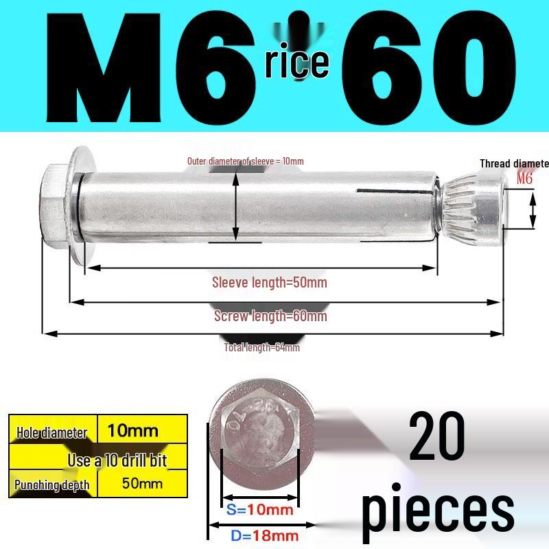 Stainless Steel Expansion Screw: Hexagonal Head with Internal Expansion (304/201), Sizes M6, M8, M10, M12.