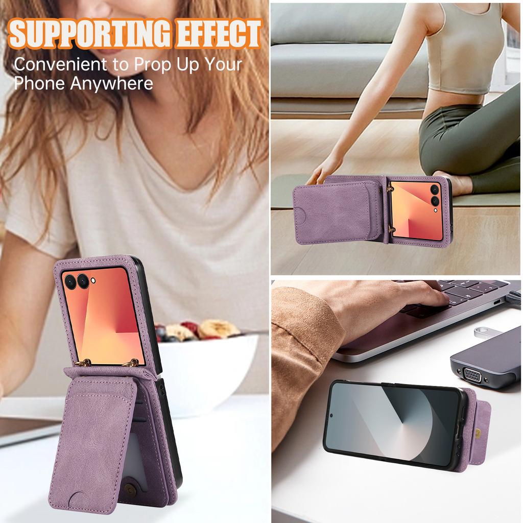 Leather Wallet Card Holder Case for Samsung Galaxy Z Flip 7 FE 6 5 4 3 ZFlip Flip6 Flip5 Flip4 Flip3 Crossbody Lanyard Bag Cover
