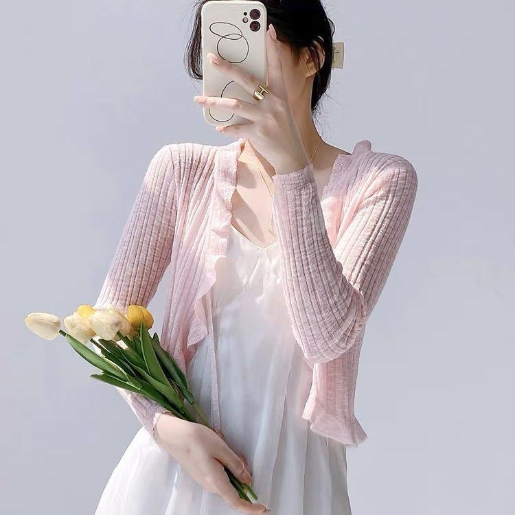 Summer Women's Sunscreen Knitted Shirt Lace Trim One Button Long Sleeve Crop Top Women Short Sleeve Open Front Ribbed Knit Cardigan