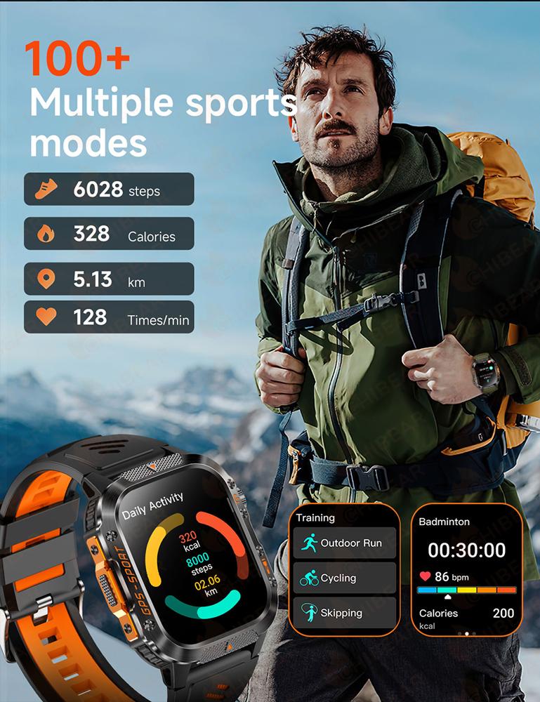 New Military Outdoor GPS Smart Watch Men LED Flashlight Compas Bluetooth Call 2.01" Screen 5ATM Waterproof Sports Smartwatch
