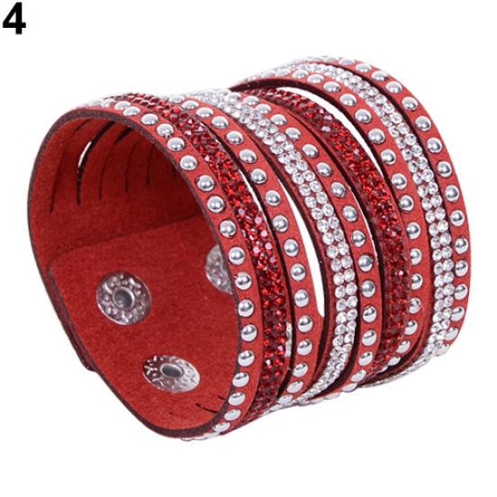 Women's Multilayer Wrap Rivet Rhinestone Suede Cuff Bangle Wristband Bracelet ADM