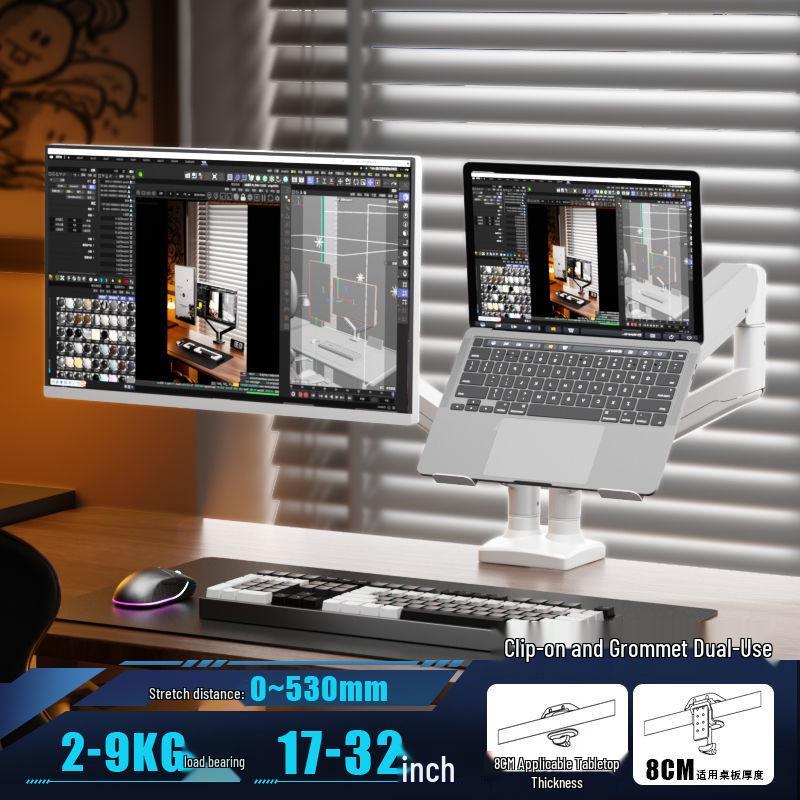 White Mechanical Arm Dual-Screen Laptop Stand: Liftable, Rotatable, and Suspended Cantilever Riser.