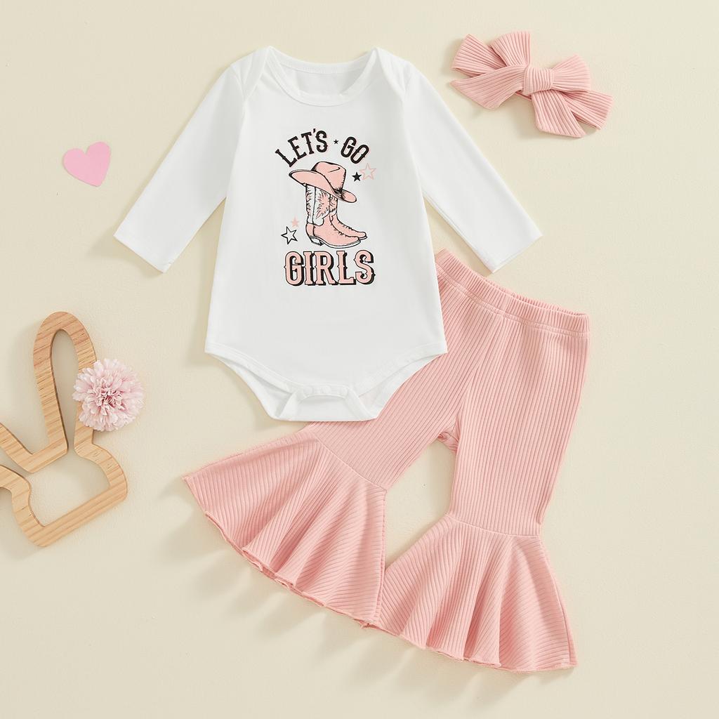 Baby Girls Fall Outfits Letter Print Long Sleeves Romper and Elastic Ribbed Flared Pants Headband Set 3 Piece Clothes