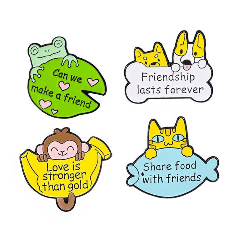 Cartoon Animal Badges: Little Monkey with Bananas, Cat with Fish, Dog with Bones, Cute Frog Brooch