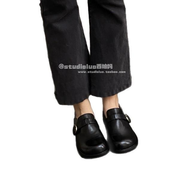 Sheepskin Version~ Leather Retro Boken Shoes Women's British Style Small Leather Shoes Round Head Thick Heel Single Shoes One Pedal Loafers